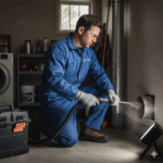 dryer-vent-cleaning-tecnician Professional dryer vent cleaning technician servicing a residential dryer vent.