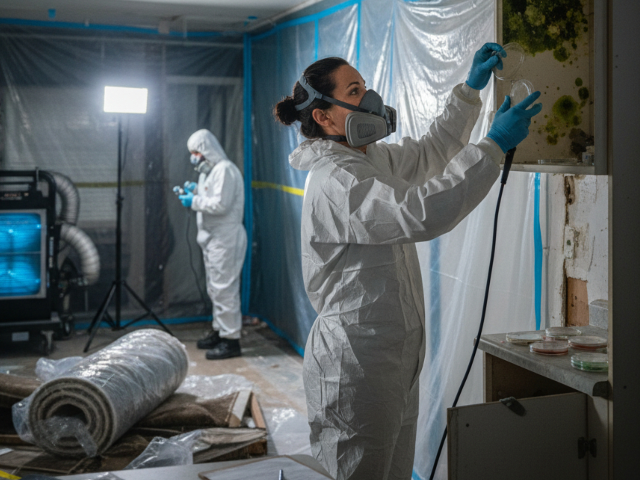Professional mold testing and remediation in a residential or commercial space.